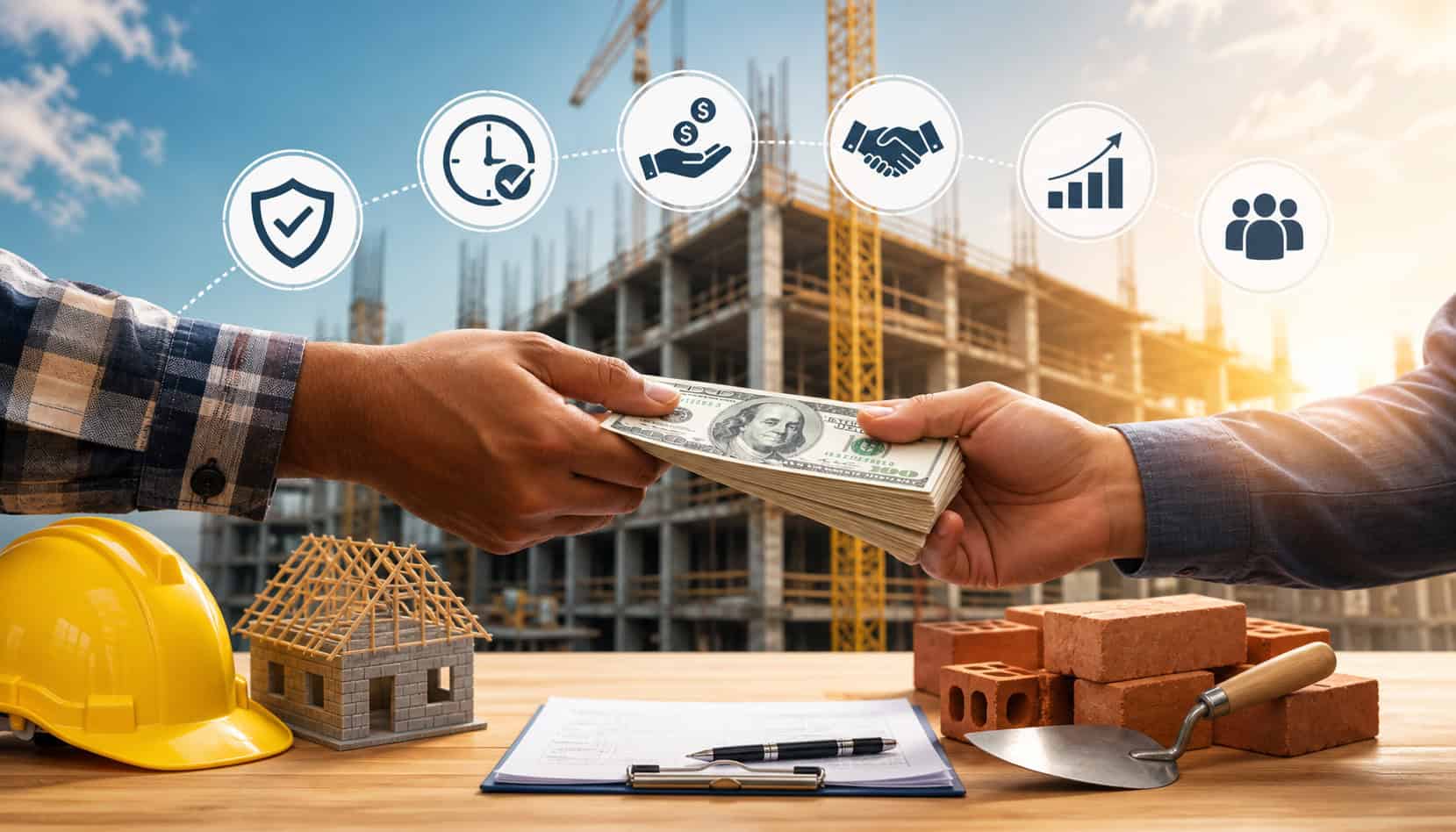 Cash payment exchange between contractors at a construction site with building framework, tools, and financial icons representing speed, security, and direct transactions