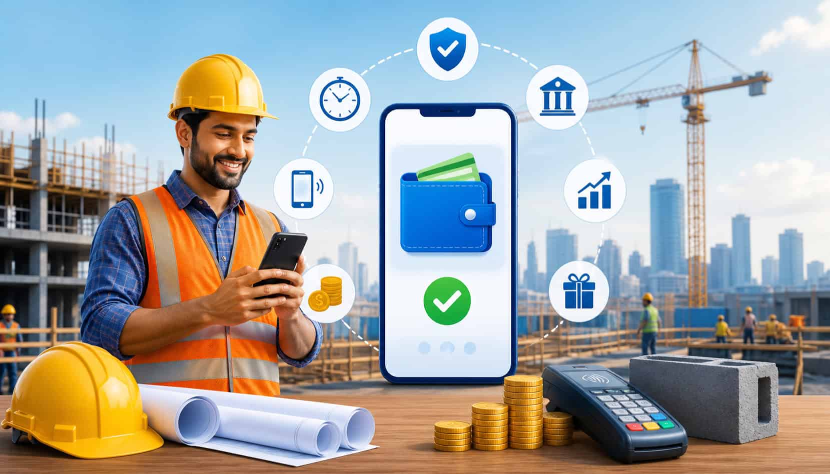 Contractor using mobile phone for digital payments at construction site with POS terminal, coins, and financial technology icons in background