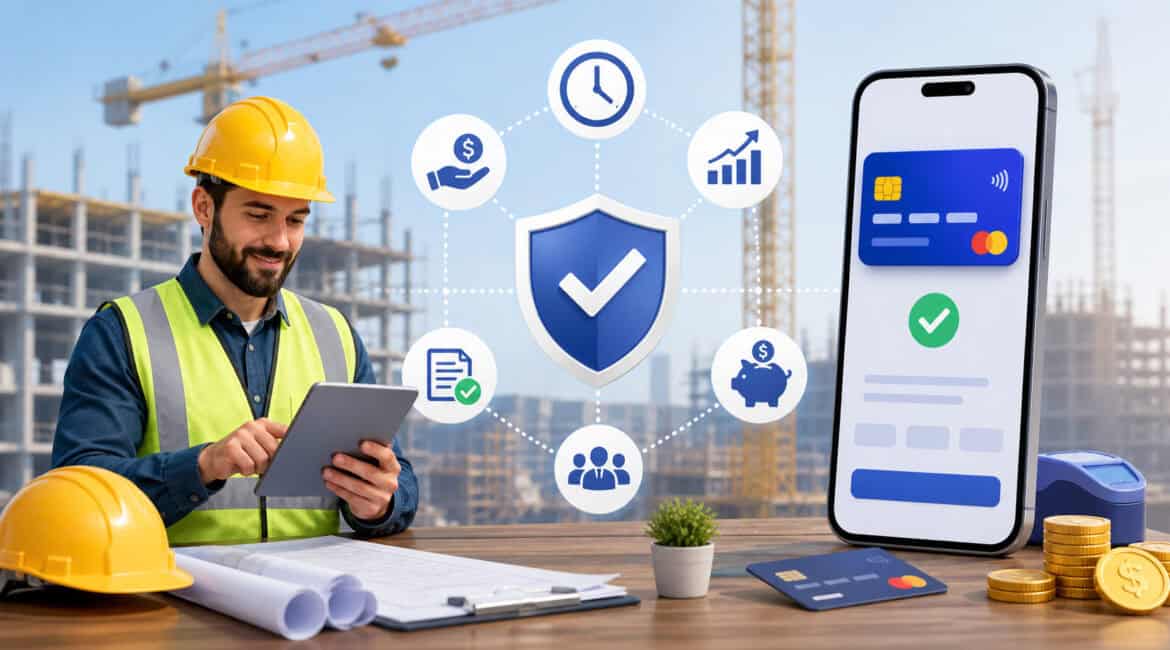 Contractor using a tablet at a construction site with digital payment icons, smartphone checkout interface, and financial symbols representing benefits of online payment systems