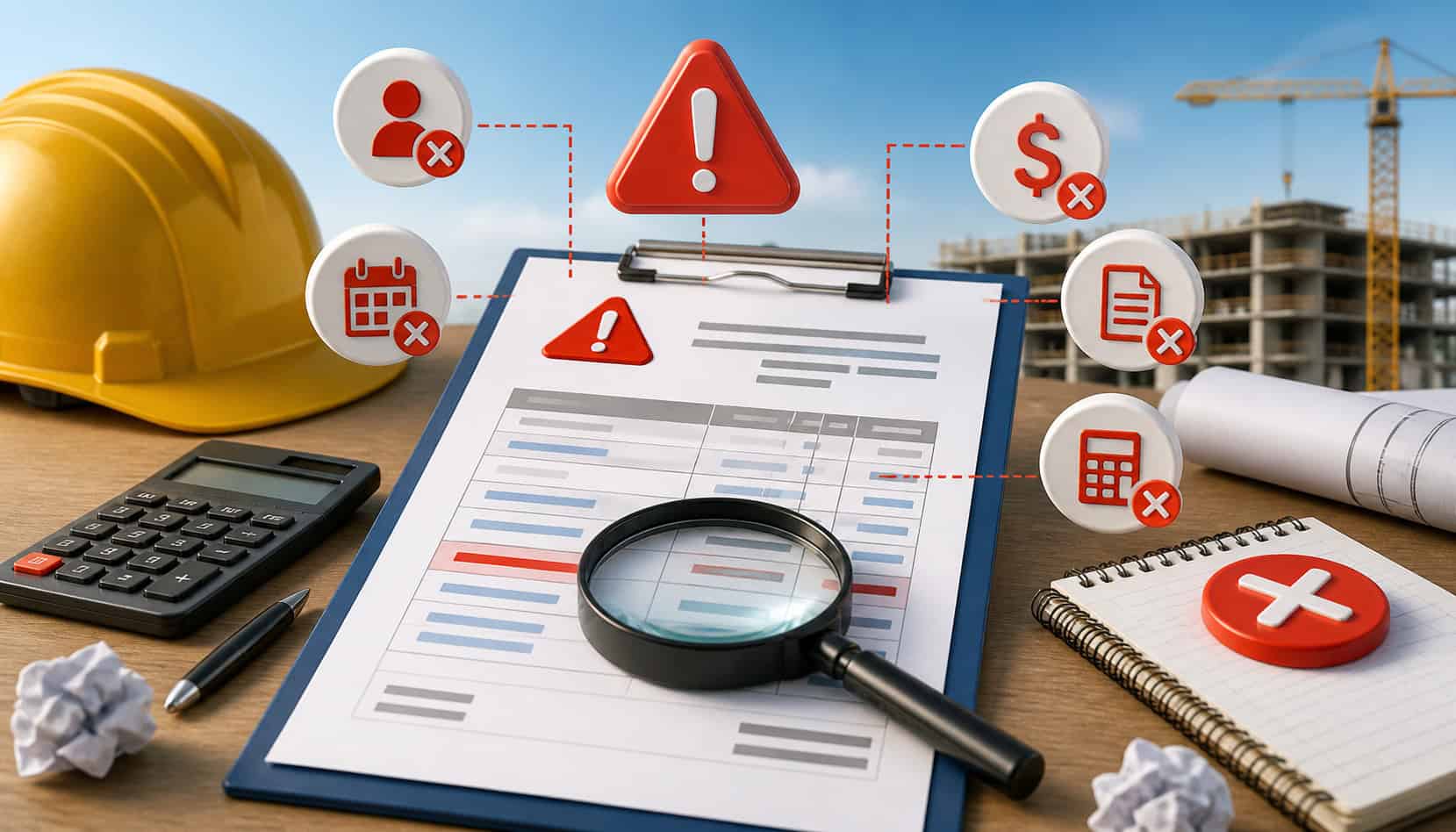 Contractor reviewing invoice with magnifying glass highlighting billing errors, calculator, hard hat, and construction site background with warning icons indicating common invoicing mistakes