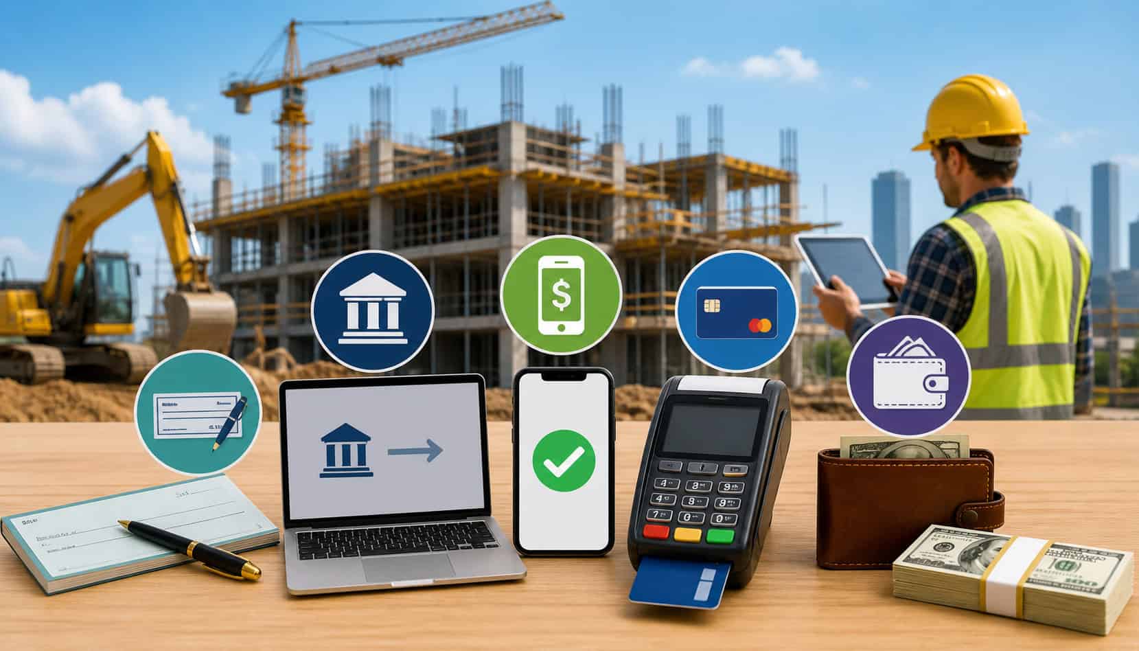 Illustration of contractor payment methods showing cash, credit card, mobile payments, bank transfer, and check options on a construction site background