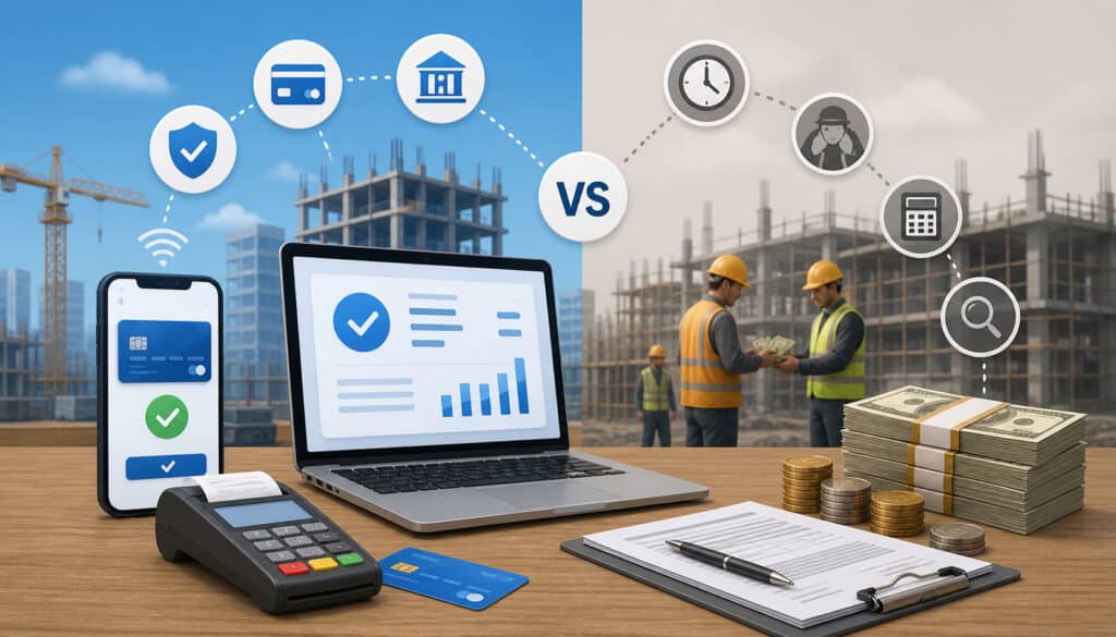 Digital payments vs cash payments in construction illustration showing mobile and card transactions on one side and workers exchanging cash with stacks of money on the other, highlighting efficiency and traditional payment methods