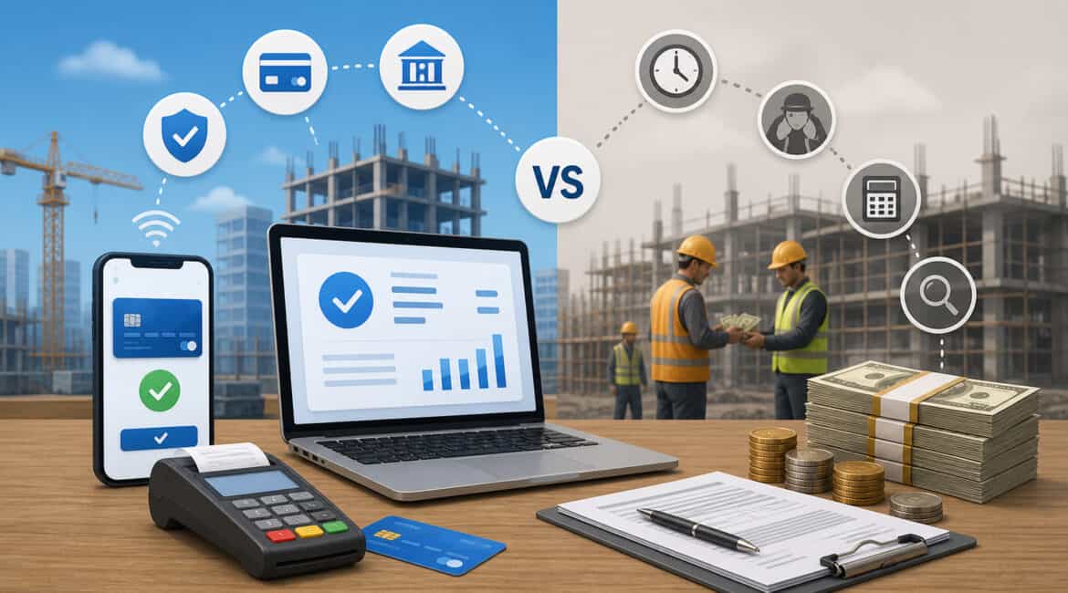 Digital payments vs cash payments in construction illustration showing mobile and card transactions on one side and workers exchanging cash with stacks of money on the other, highlighting efficiency and traditional payment methods