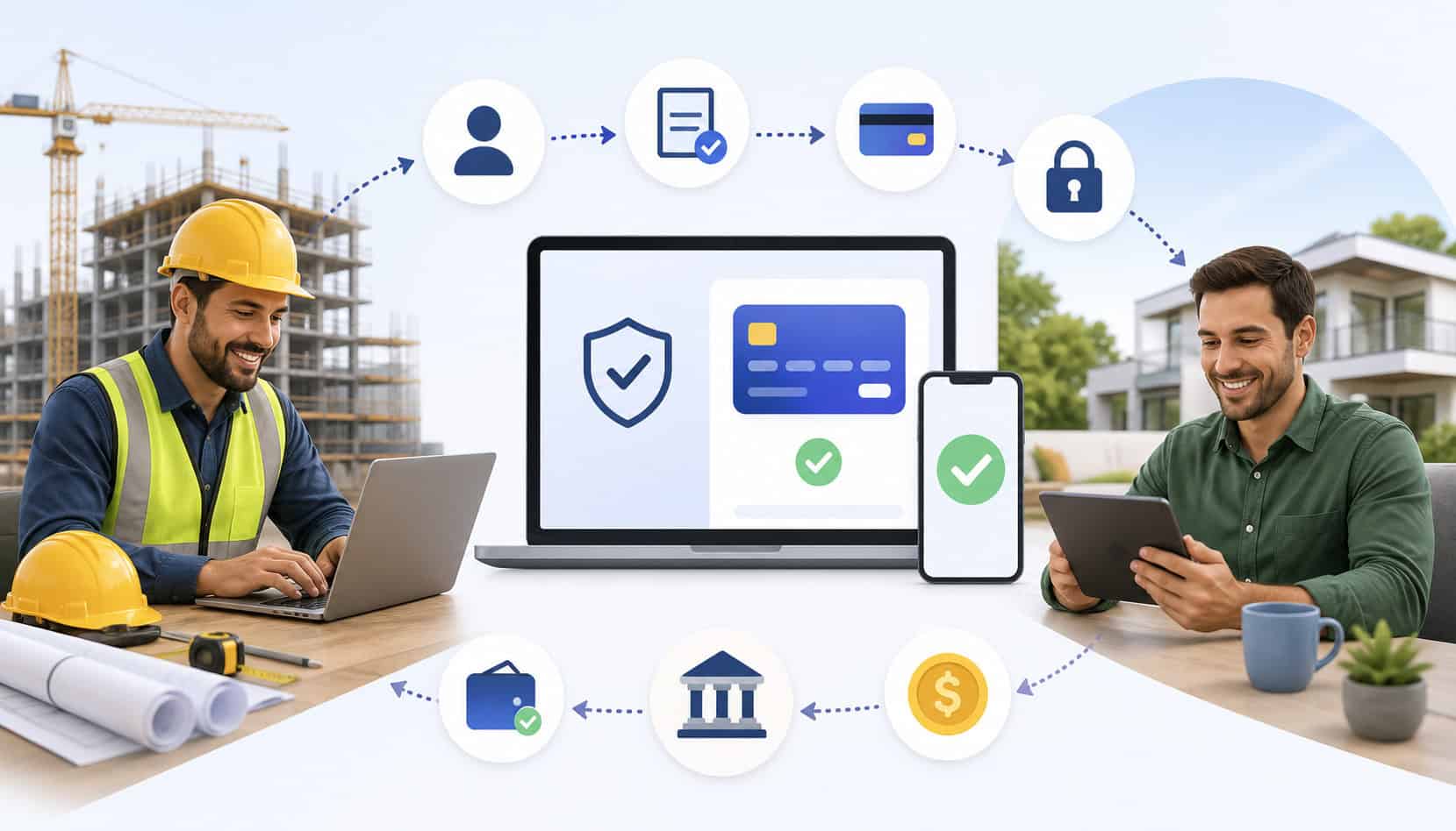 Contractor receiving digital payment through secure online payment gateway with client approval and financial transaction icons in a construction business setting