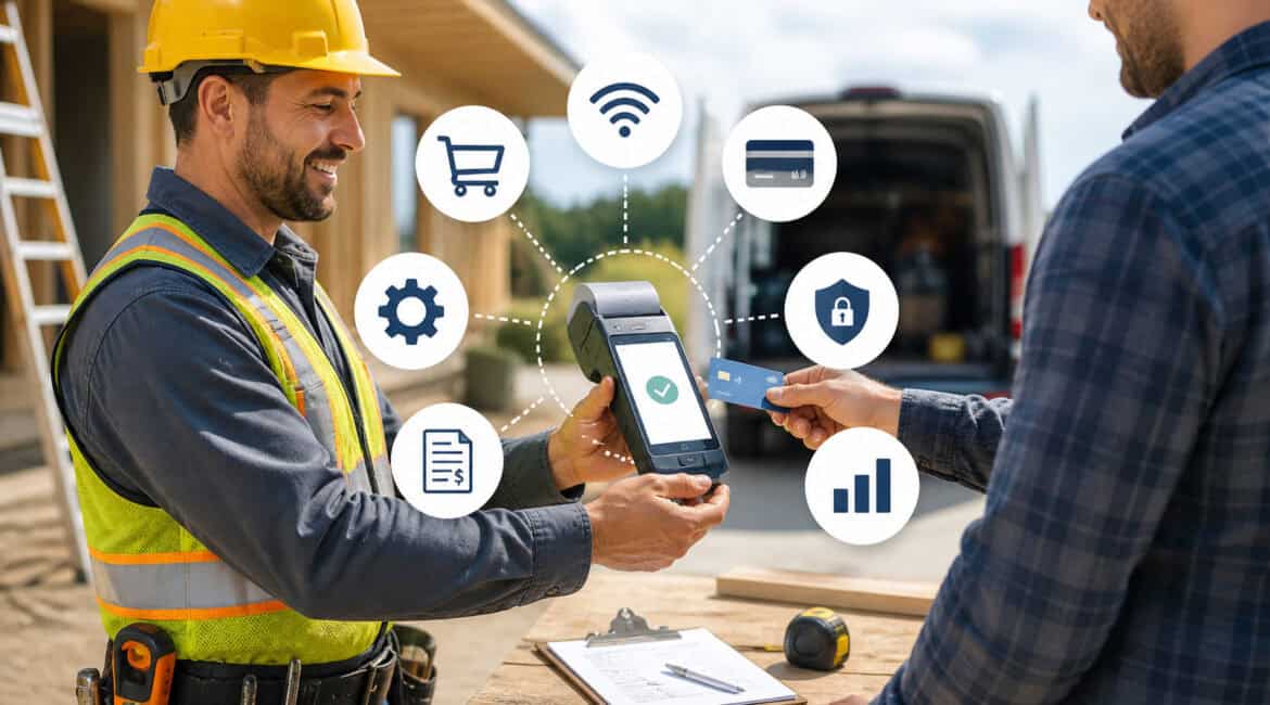 Contractor using mobile POS device at a construction site to accept contactless card payment with icons representing wireless connectivity, security, invoicing, and business management