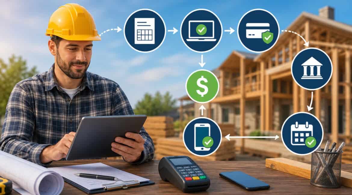 Contractor using tablet at construction site illustrating digital payment processing workflow with icons for invoicing, approval, transaction, and bank settlement