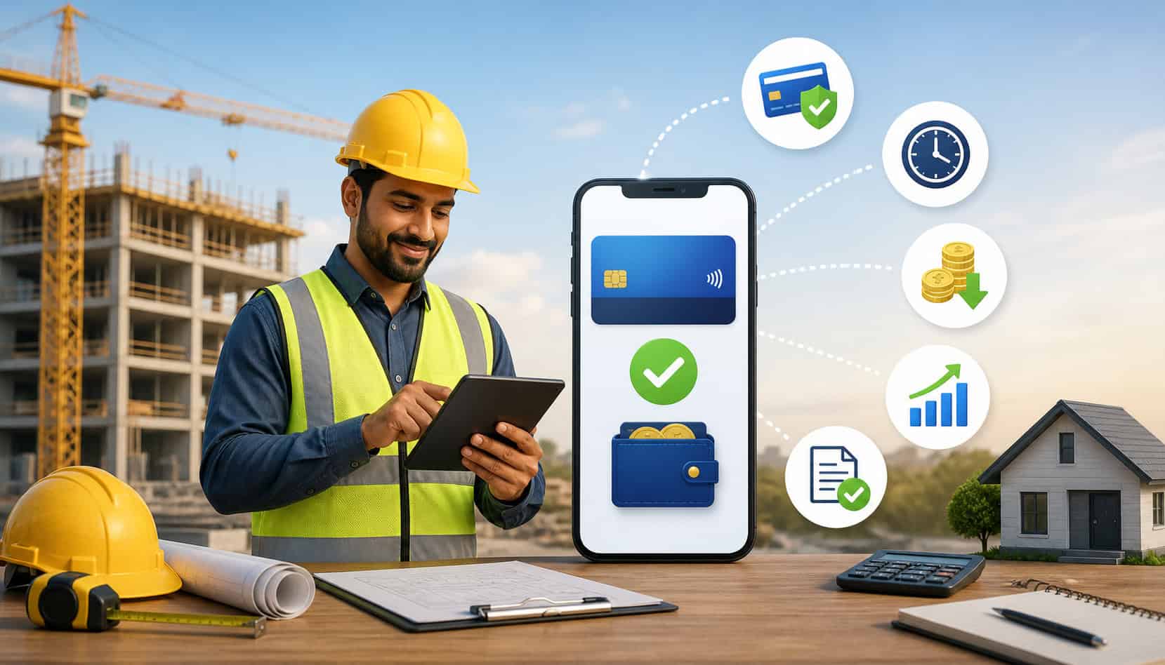 Contractor using tablet for online payments at construction site with digital payment icons representing speed, security, and cash flow benefits