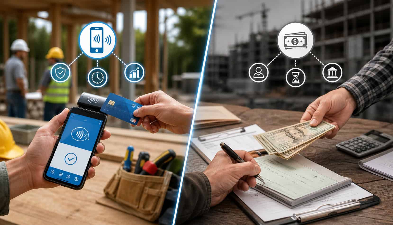 Illustration of a contractor using a mobile POS system for digital payments compared to traditional cash and check payment methods on a worksite