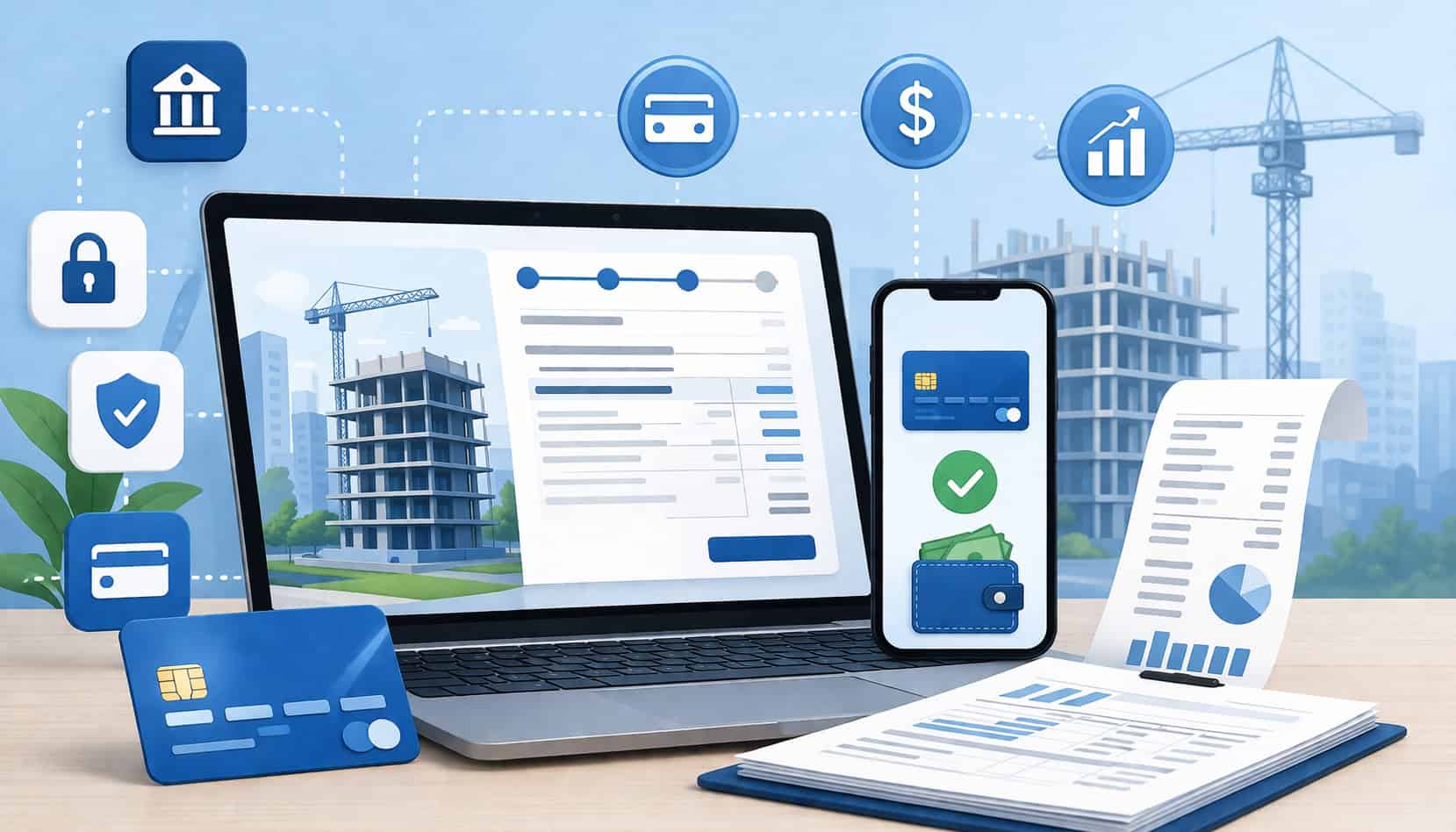 Online payment systems and progress billing illustration showing laptop and smartphone with secure digital transactions, invoice dashboard, construction site background, and financial icons representing staged project payments