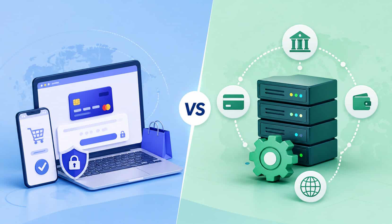 Modern illustration comparing payment gateway and payment processor, showing online checkout devices on one side and backend server infrastructure with banking connections on the other