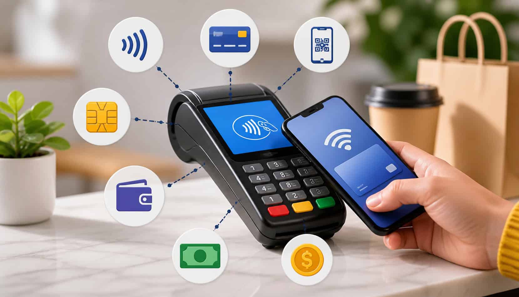 Mobile POS system accepting multiple payment methods including contactless smartphone tap, credit card, QR code, and digital wallet icons in a modern retail setting