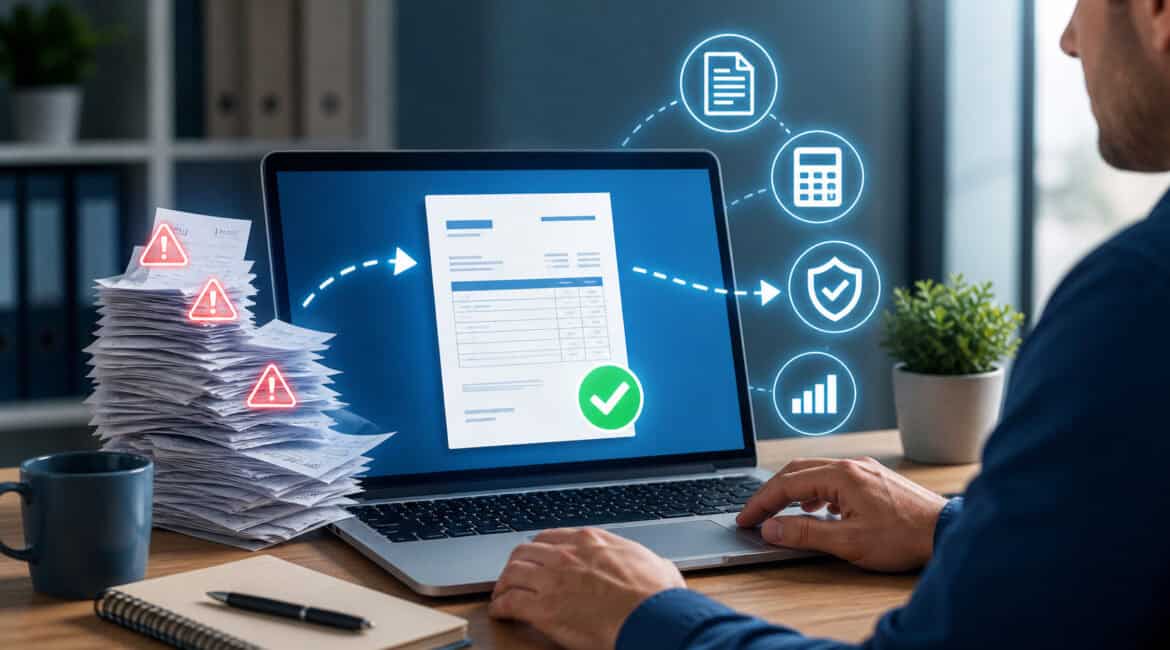 Business professional using automated invoicing software on laptop to reduce manual errors with digital workflow icons and paperwork in background