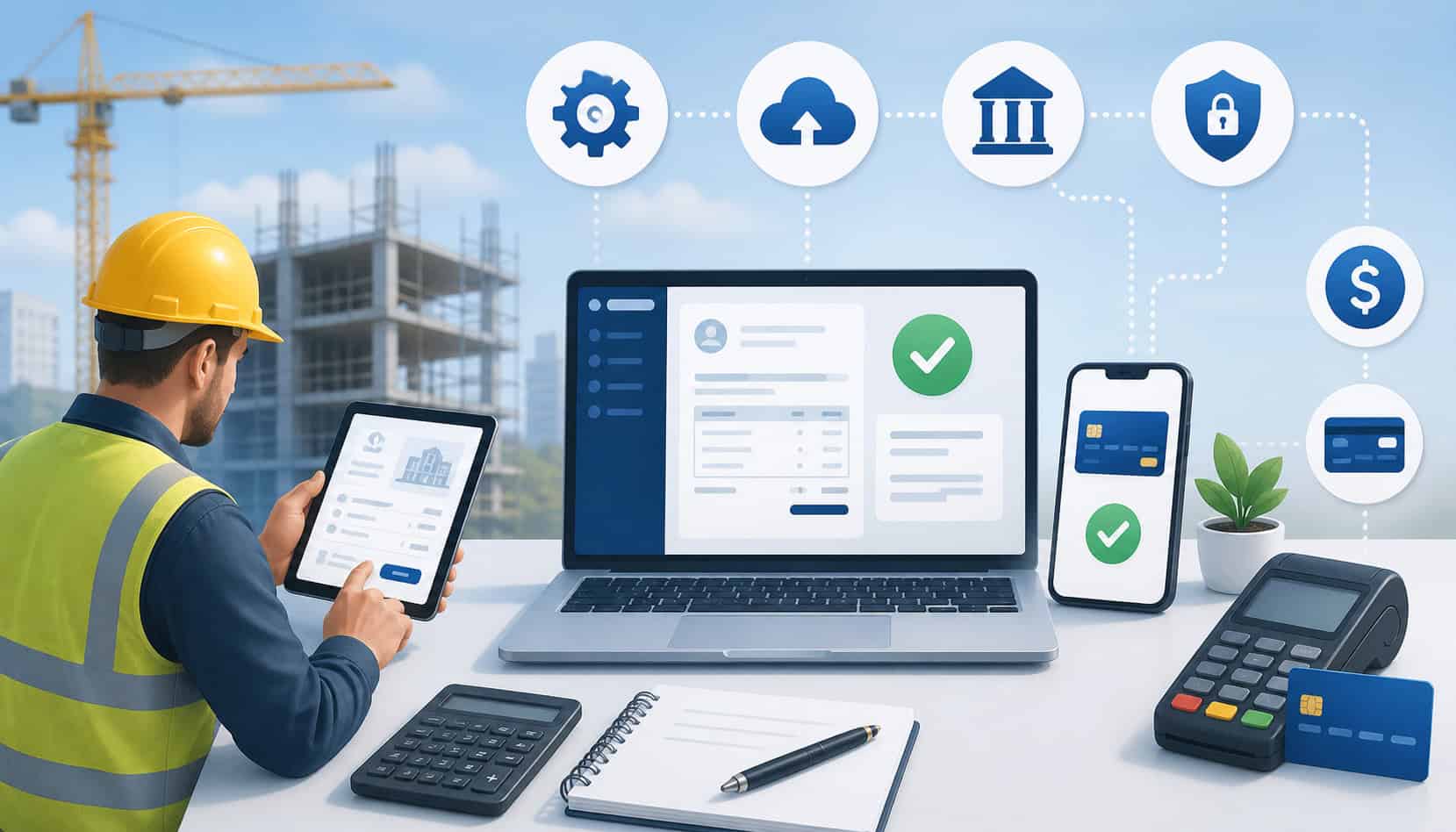 Digital contractor payment processing system with laptop, mobile payments, POS terminal, and construction worker managing invoices on-site