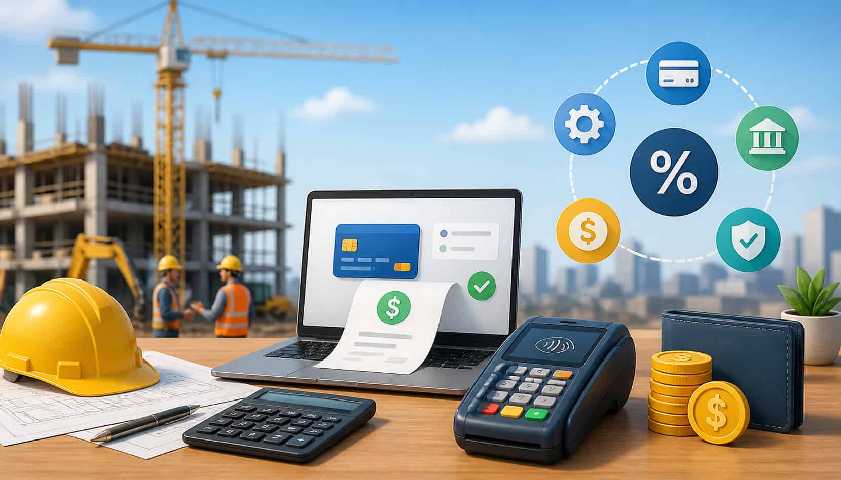 Contractor payment processing fees illustration with construction site, POS terminal, laptop invoice, and financial icons representing transaction costs