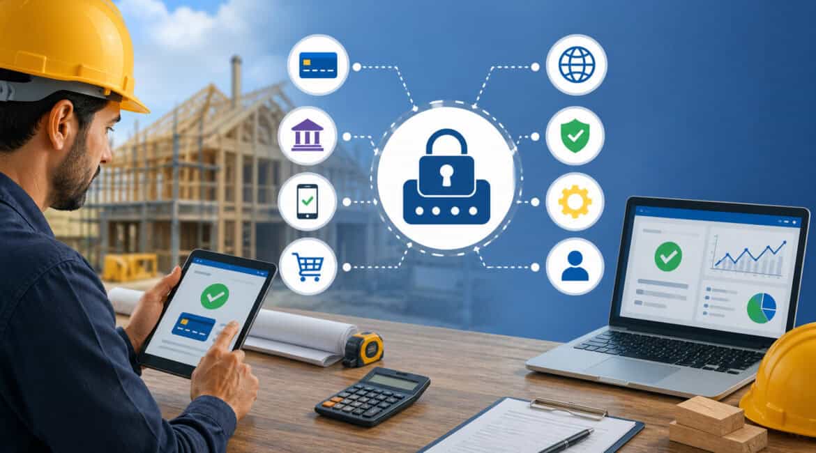 Contractor using a tablet with secure payment gateway interface, featuring digital payment icons, analytics dashboard, and construction site background
