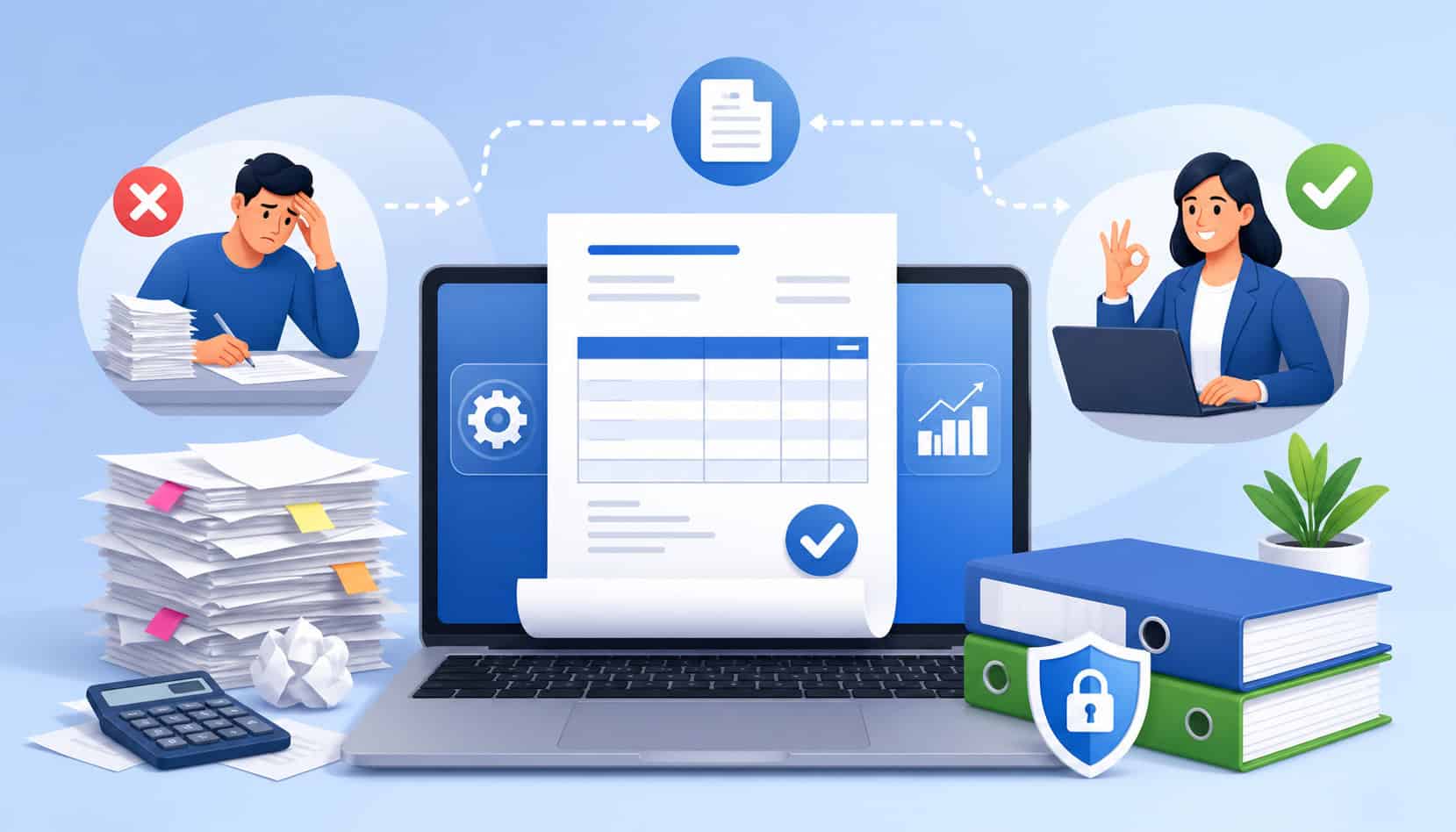 Illustration of automated invoicing system reducing manual errors with organized digital invoice, workflow icons, and comparison between messy paperwork and streamlined accounting process