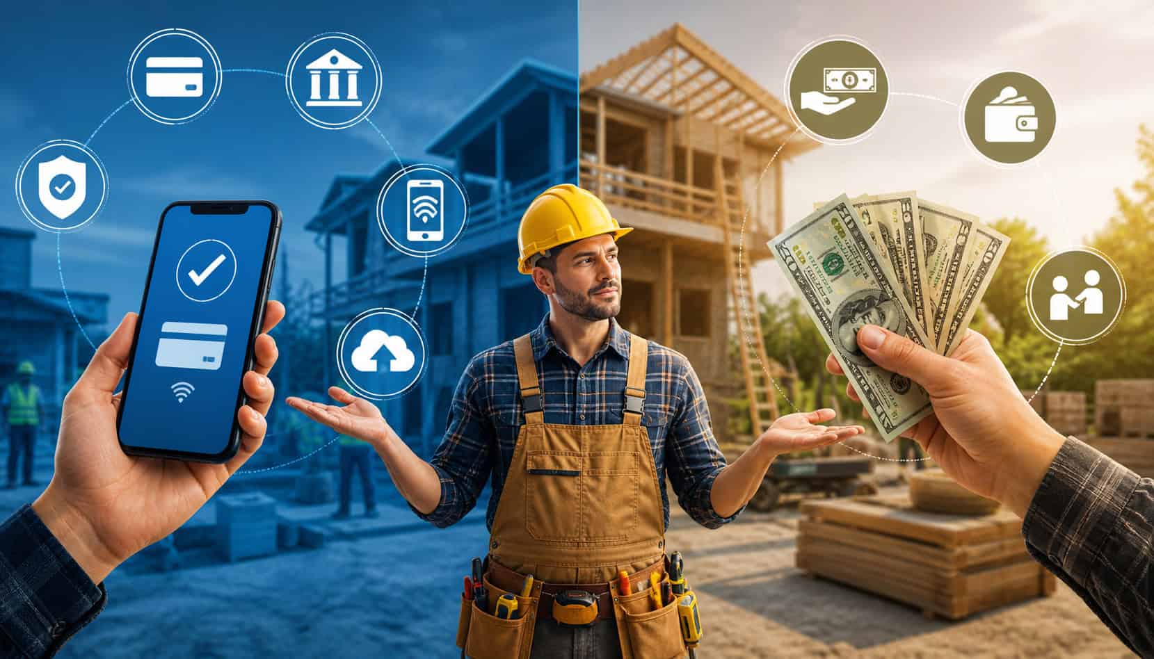 Contractor at construction site comparing digital payment via smartphone and cash payment with visible financial and transaction icons in background