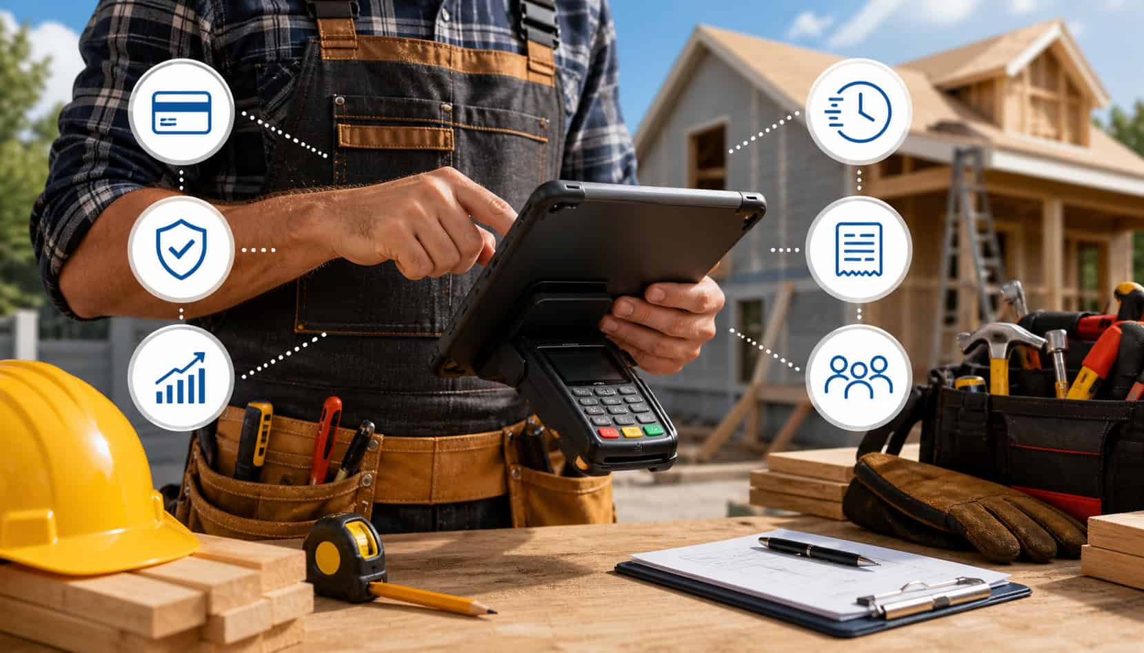 Contractor using mobile POS system on construction site to accept payments with digital icons showing speed, security, and business growth