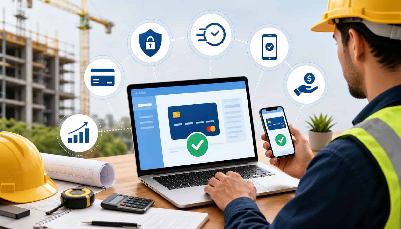 Contractor using laptop and smartphone for secure online payment processing at construction site with digital payment icons and financial growth symbols in background