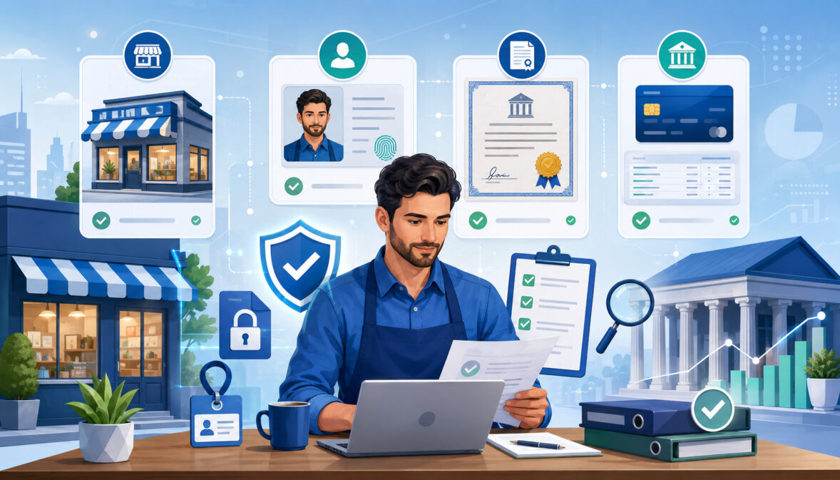 Business owner reviewing license and bank verification documents