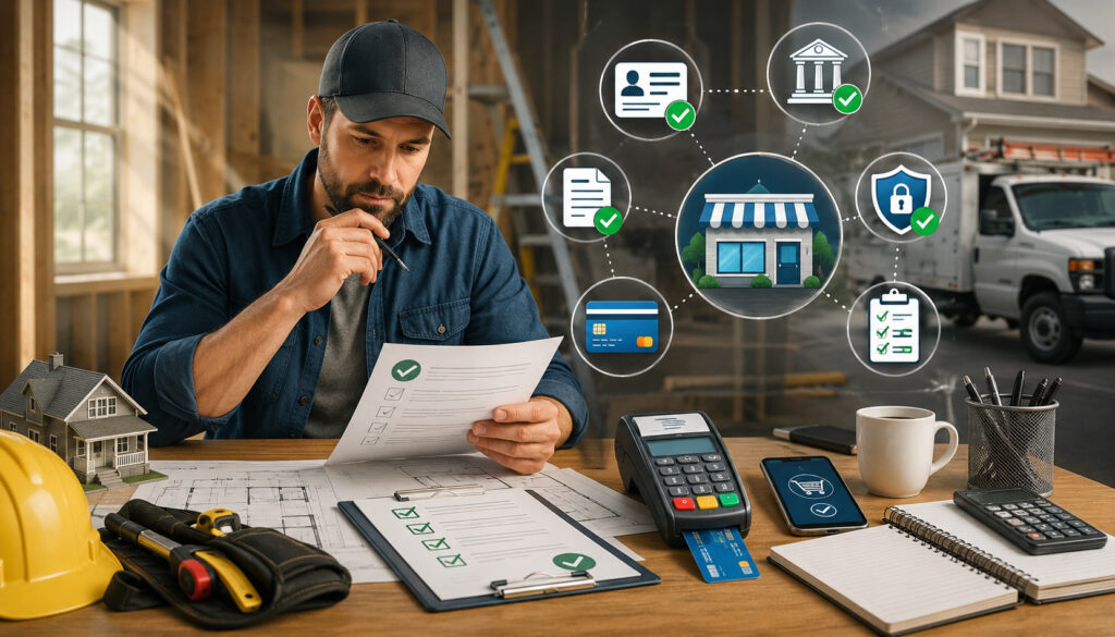 Contractor reviewing merchant account qualification requirements
