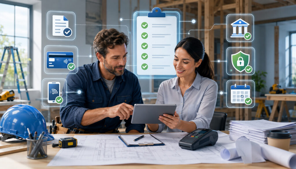 New contractors reviewing a payment processing checklist