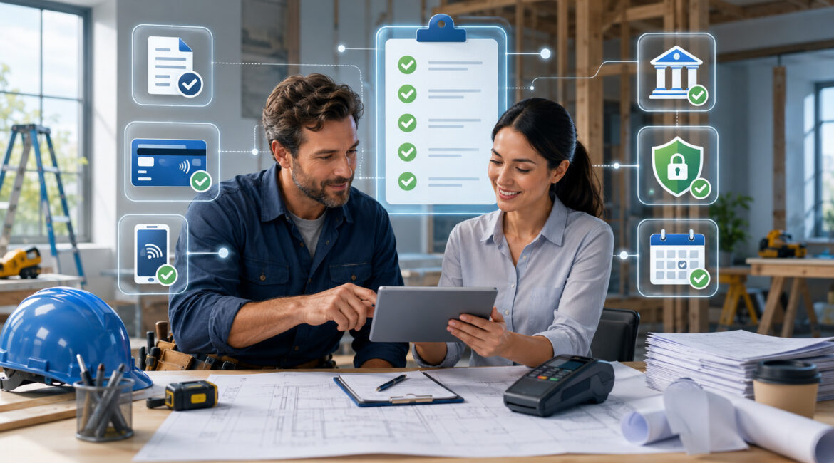 New contractors reviewing a payment processing checklist